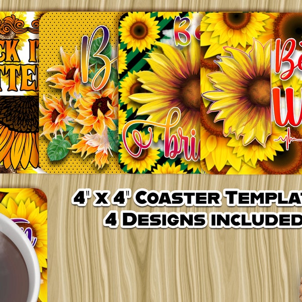 4, 4"x4" Sunflower Themed Sublimation Designs For Square Coasters