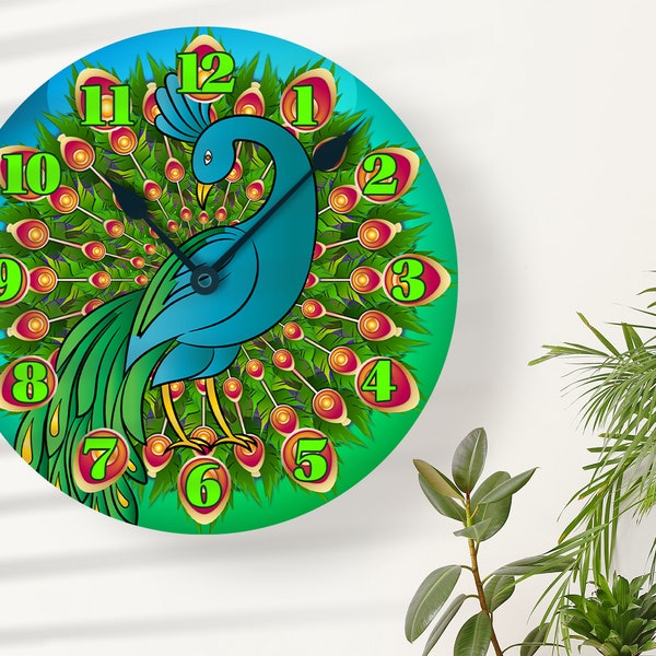 Large Wall Clock Sublimation Design Template. Colorful Bright Elegant Peacock.