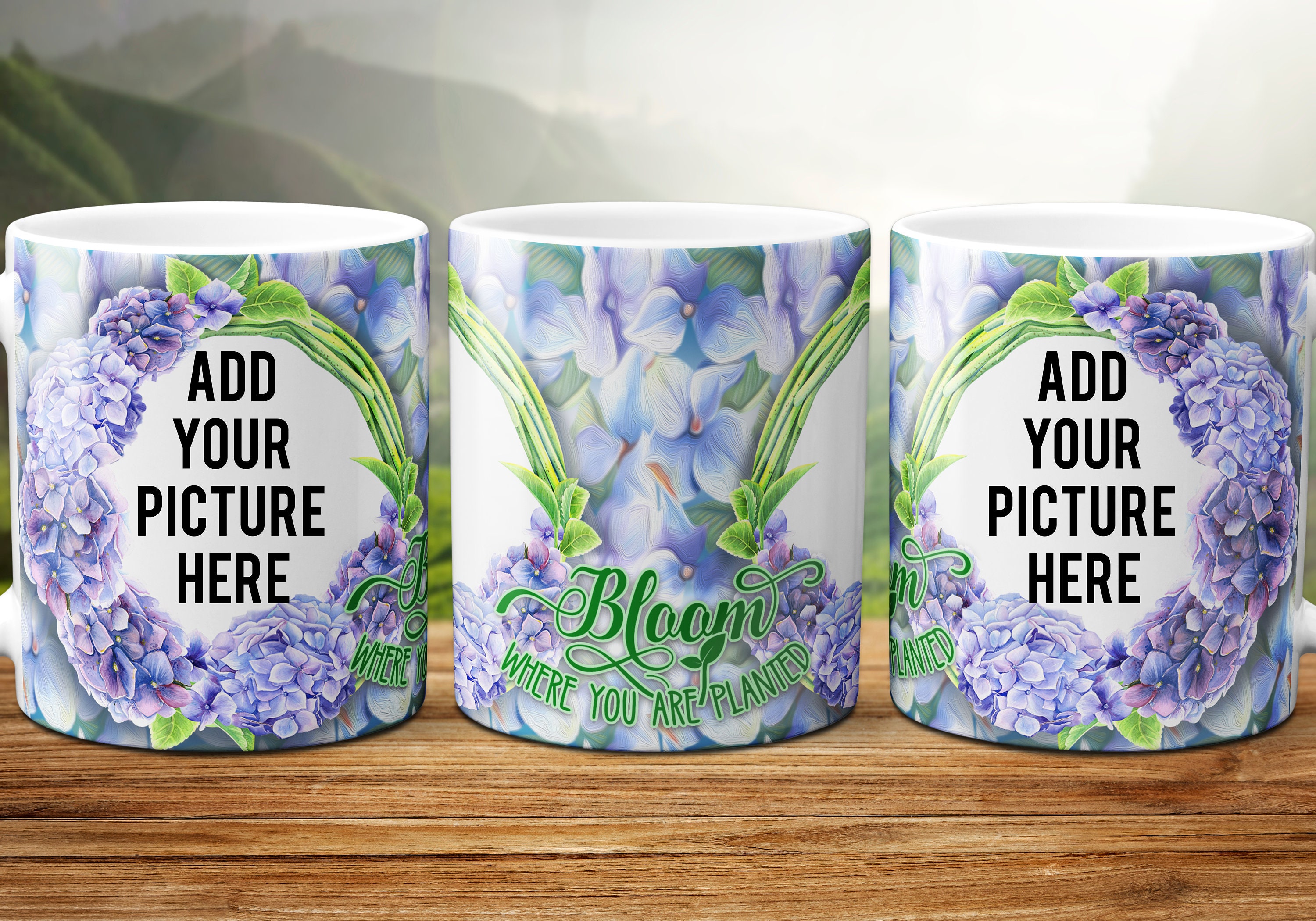 4 Pre Sized Mug Designs for Sublimation. Add 2 Photos to Template
