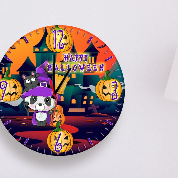 Halloween Digital Sublimation Template for 11.4" Wall Clock. "Happy Halloween" Wall Clock with Panda Witch, Ghosts and Bats.