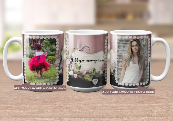 4 Pre Sized Mug Designs for Sublimation. Add 2 Photos to Template