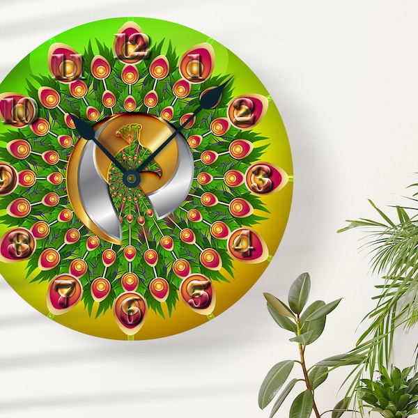 Large Wall Clock Sublimation Design Template. Colorful Golden Elegant Peacock.