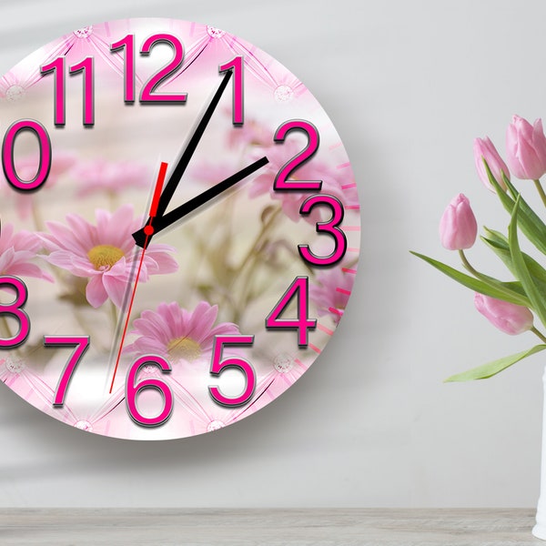 Large Wall Clock Sublimation Design Template. Pink Flowers.