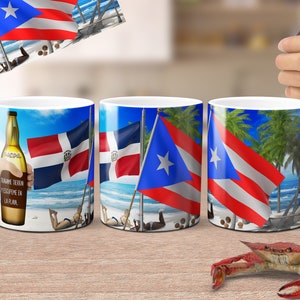 Ready To Print And Sublimate! Puerto Rico & Dominican Republic Flags On Beach.  Sublimation Template For Coffee Mugs, Mug Press PNG Pattern