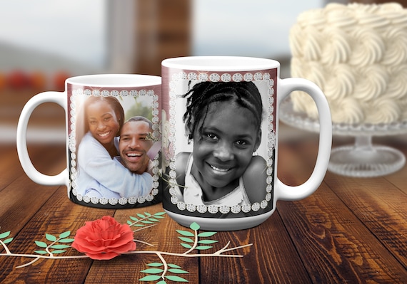 4 Pre Sized Mug Designs for Sublimation. Add 2 Photos to Template