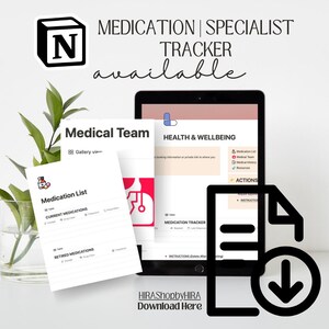 May include: A digital download for a medication tracker, available on the Notion platform. The image shows a tablet screen with a pink background and the text "HEALTH & WELLBEING". The screen also shows a list of medication tracker features, including "Medication List", "Medical Team", "Medical History", "Reminders", and "Actions". The image also shows a download icon with an arrow pointing down.