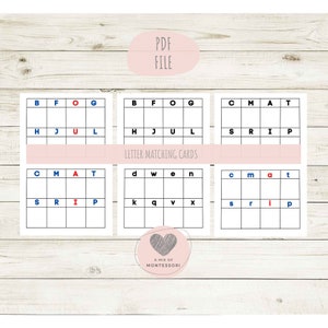 May include: A set of letter matching cards with a light pink background and a wooden surface. Each card features a grid with letters in blue and red. The text "LETTER MATCHING CARDS" is displayed, along with "PDF FILE" and "A MIX OF MONTESSORI".