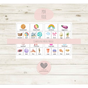 Può includere: Una risorsa educativa Montessori con schede di abbinamento di parole composte. Le schede presentano illustrazioni ad acquerello di oggetti come un pallone da basket, un arcobaleno e una melanzana. Il testo include "PDF FILE", "Compound Word Match".