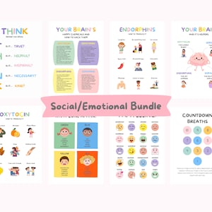 May include: A collection of educational posters with colorful illustrations and text. Topics include brain chemicals, emotions, and social skills. The posters feature titles like "THINK," "Your Brain's," and "Countdown Breaths."