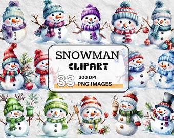 Cute Snowman Clipart Bundle, Watercolor Christmas PNG (Digital Download)