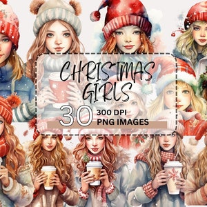 Paquete de imágenes prediseñadas para niñas de Navidad, niñas con leche de invierno, niña linda de acuarela, PNG transparente, sublimación de Navidad, diarios basura
