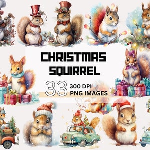 Écureuil Png, lumières d'écureuil de Noël Png, écureuil mignon aquarelle, fabrication de cartes, journaux indésirables, clipart, lot de cliparts écureuil