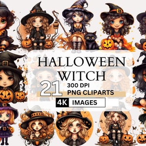 Halloween Witch Clipart,4K Image,Transparent PNG,Watercolor Cute Witch PNG,Witch Pumpkin Clipart PNG,Gift Card Making,Halloween witch bundle