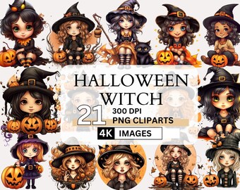 Watercolor Halloween Witch Clipart Bundle, 4K PNG Images (Digital Download)