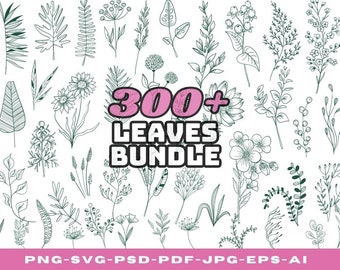 Botanical Leaf Designs Bundle, Hand Drawn Greenery (Digital Download)