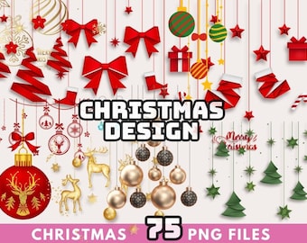 May include: A collection of 75 Christmas design elements, including ornaments, bows, stars, reindeer, and trees. The elements are in red, green, gold, and white.