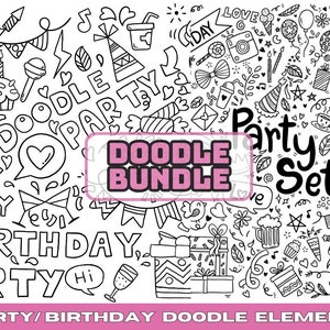 May include: Black and white doodle illustrations of party and birthday elements. The illustrations include a cake, balloons, gifts, party hats, confetti, and more. The text "Doodle Bundle" and "Party Set" are included in the image.