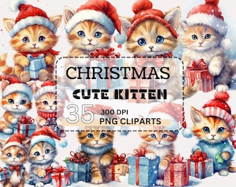 Christmas Cats Watercolor Clipart, Holiday Kitten PNG (Digital Download)