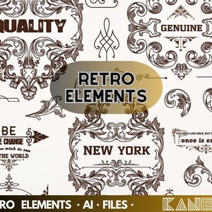 Éléments rétro AI fichiers, ornements Svg, couronne de fleurs Svg, tourbillons Svg, ligne Svg, texte décoration Svg, diviseurs frontières Svg, éléments décoratifs Svg