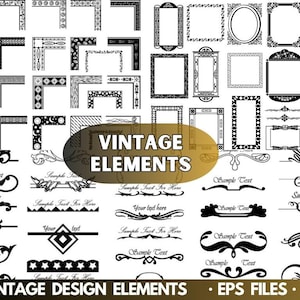 Może przedstawiać: Kolekcja czarno-białych elementów vintage, w tym ozdobne ramki, narożniki i dekoracyjne zdobienia. Obraz zawiera tekst "VINTAGE ELEMENTS" i "VINTAGE DESIGN ELEMENTS - EPS FILES."