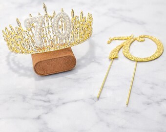 70th Birthday Tiara and Cake Topper Set Gold Silver Birthday Queen Crown Decor