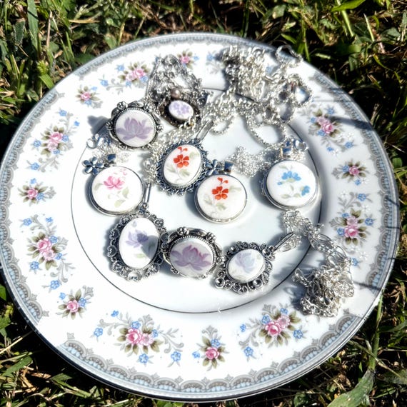 Handmade Broken China Jewelry Necklace Rings