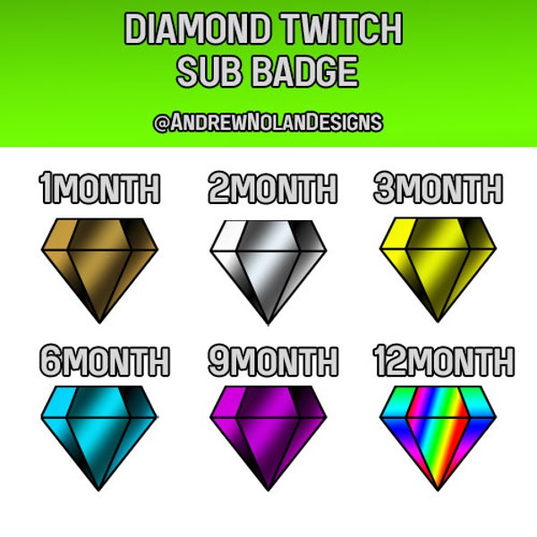 Twitch Diamond Subscriber Badges -- 72x72px, 36x36px, 18x18px-- Bronze, Silver, Gold, Plat, Diamond, Rainbow Diamond shaped Twitch Sub