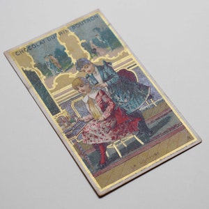 Cartão comercial de colecionadores vitorianos Chocolat Guerin Boutron - Hair Dresser Illustration, 1890 França