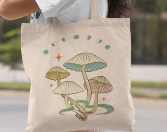 Mushroom Tote Bag, Cottagecore Plant Design, 100% Cotton