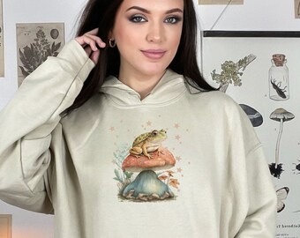 Cottagecore Mushroom Frog Hoodie, Trendy Unisex Sweater