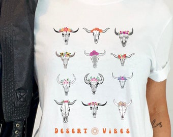Blumen-Kuh-Schädel-Shirt: Wildes West-Grafik-T-Stück