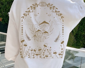 Cottagecore Mushroom Back Print Hoodie, Forestcore Sweater