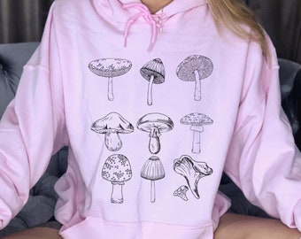 Mushroom Print Oversized Hoodie - Trendy Cottagecore Top
