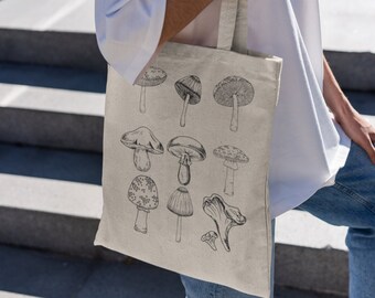 Mushroom Print Cotton Tote Bag, Cottagecore Reusable Grocery Bag