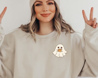 Spooky Coffee Ghost Crewneck Sweatshirt, Fall Graphic Top