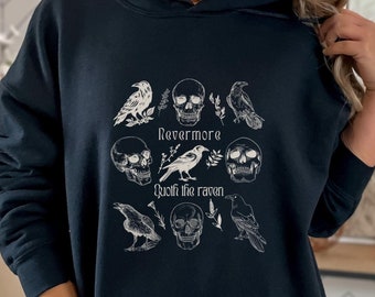 May include: Black hooded sweatshirt with a white graphic print of skulls, ravens, and the text "Nevermore, Quoth the Raven".