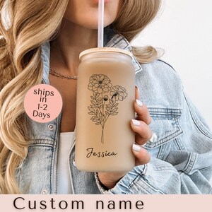 Personalized Birth Flower Coffee Cup Birth flower Frosted  Glass Cup For Mom Birth Flower Glass Tumbler Bridesmaid Gift Best friend Gift