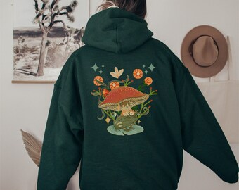 Mushrooms and frog hoodie Mushroom Hoodie Cottagecore hoodie Cottagecore frog hoodie Goblincore hoodie Dark Cotagecore Hoodie