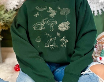 Cottagecore Sweatshirt: Mushroom Frog, Dark Academia Botanical Wear