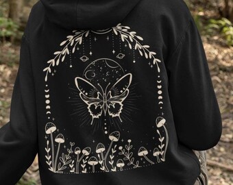 Sudadera con capucha de mariposa celestial, fases lunares bohemias, ropa mística para mujer