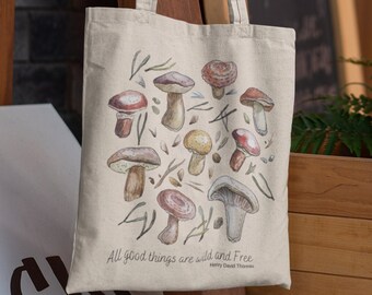 Mushroom Print Cotton Tote Bag, Reusable Shopper