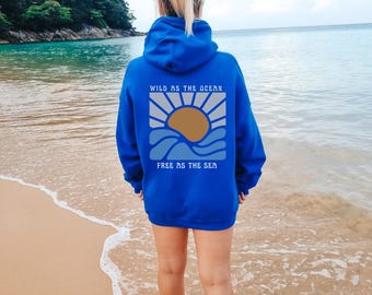 Ocean Vibes Hoodie: Sunset Graphic, Beachy Style Pullover