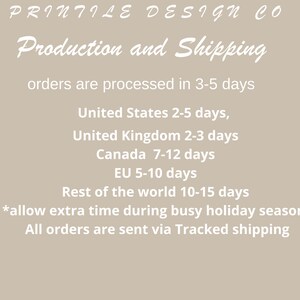 May include: A white text graphic on a beige background with the text "PRINTILE DESIGN CO" at the top, followed by "Production and Shipping" in a larger font. The text continues with "orders are processed in 3-5 days" and lists estimated shipping times for different countries: United States 2-5 days, United Kingdom 2-3 days, Canada 7-12 days, EU 5-10 days, Rest of the world 10-15 days. The text concludes with "*allow extra time during busy holiday seasons" and "All orders are sent via Tracked shipping."