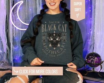 Salem Black Cat Apothecary Sweatshirt, Halloween Crew Neck