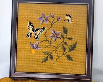 Needlepoint flower and Butterfly scene framed