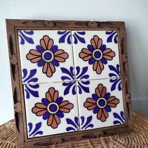 Vintage Square Ceramic Art Tile Trivet with Wood Frame Hand-painted Cactus and Succulent in Bowl Design Signed by Artist