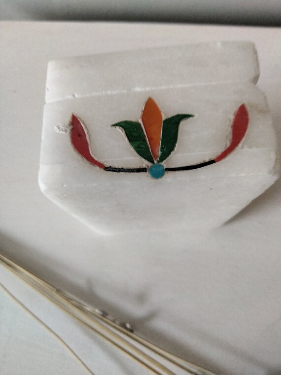 White marble stone trinket box; colorful floral d… - image 2