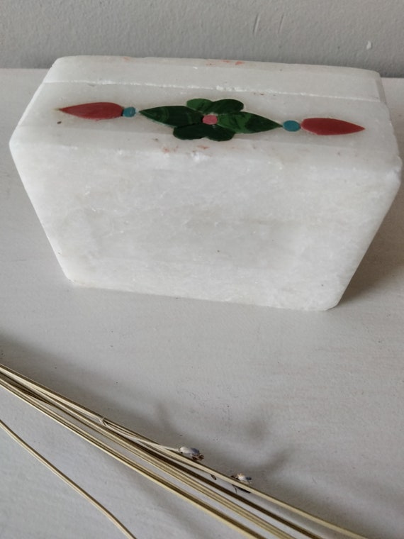 White marble stone trinket box; colorful floral d… - image 7