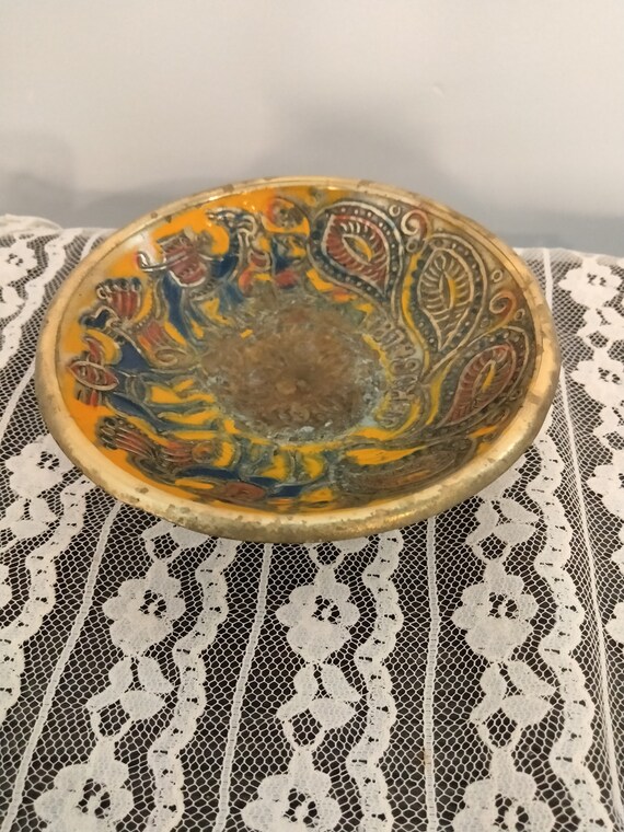 Vintage Brass Enamel Bowl, Ring Dish, Vanity Deco… - image 2
