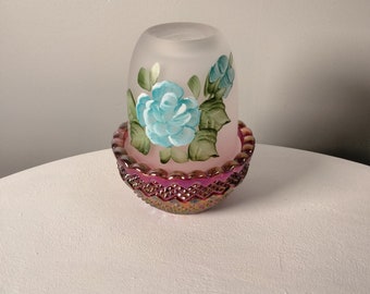 Mosser hand painted fairy lamp, satin and carnival glass